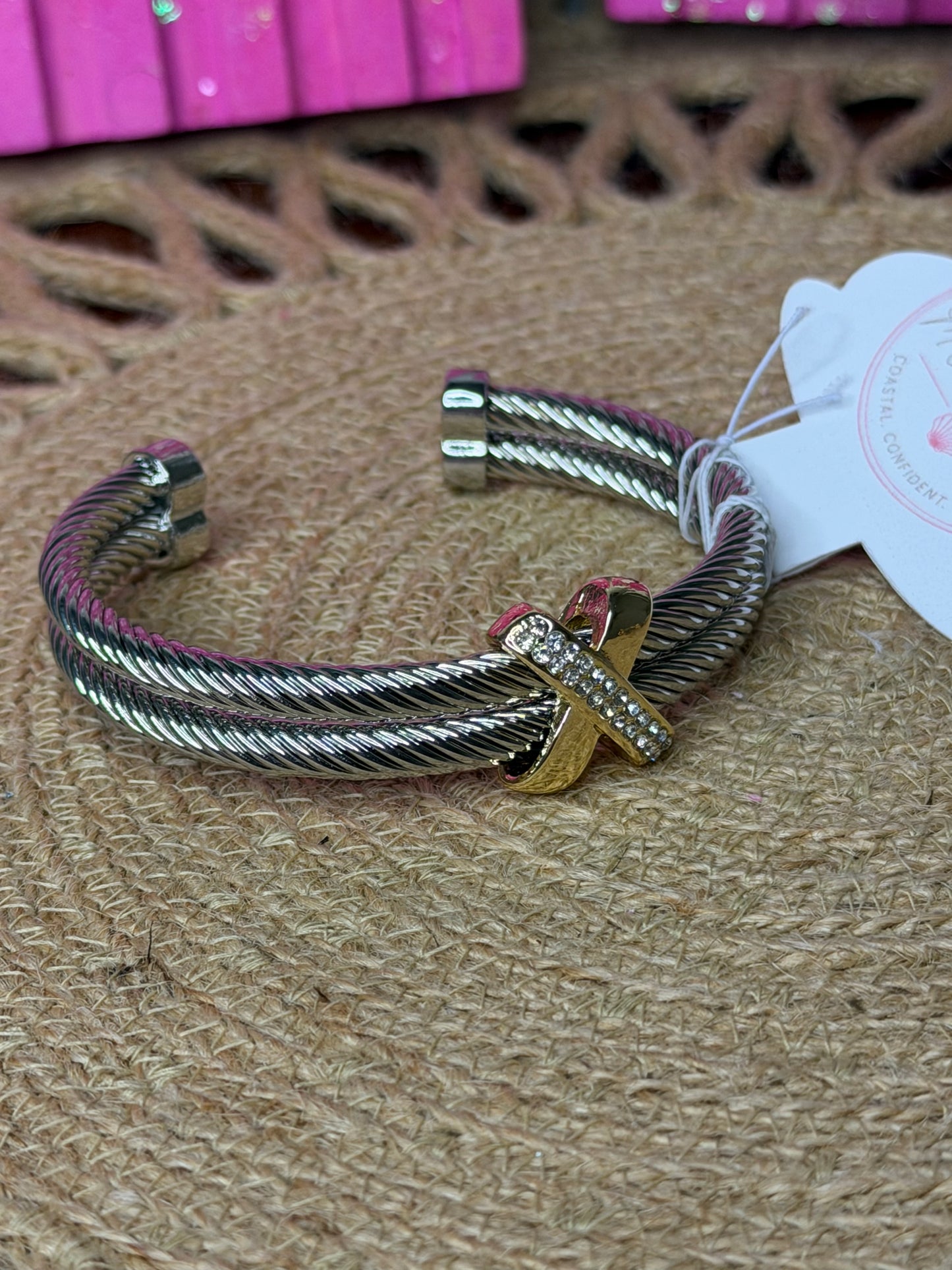 Gold Dipped Layered Two Tone Cz Rope Cuff Bracelet: 2T
