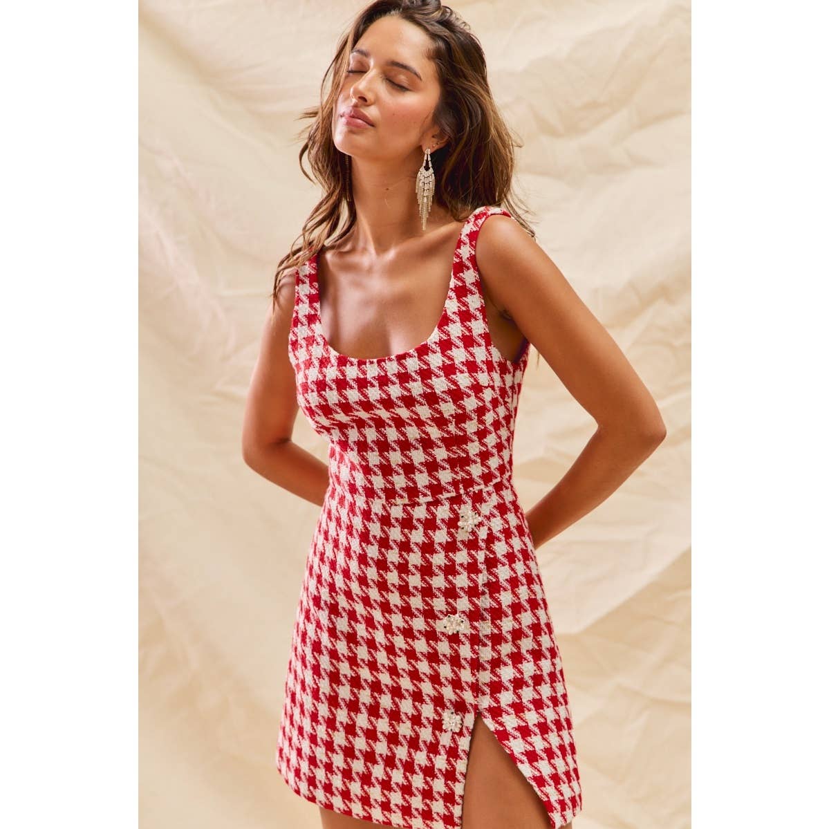 CHRISTMAS TWEED CHECK LUREX HOLIDAY MINI DRESS: RED / M