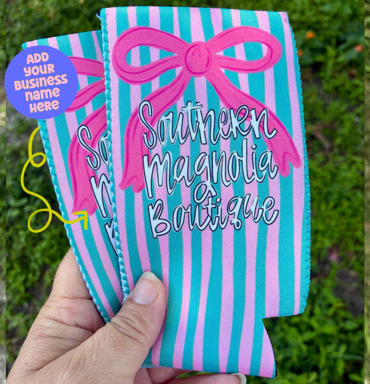 Pink and turquoise bow koozie with custom name for promotion: Regular