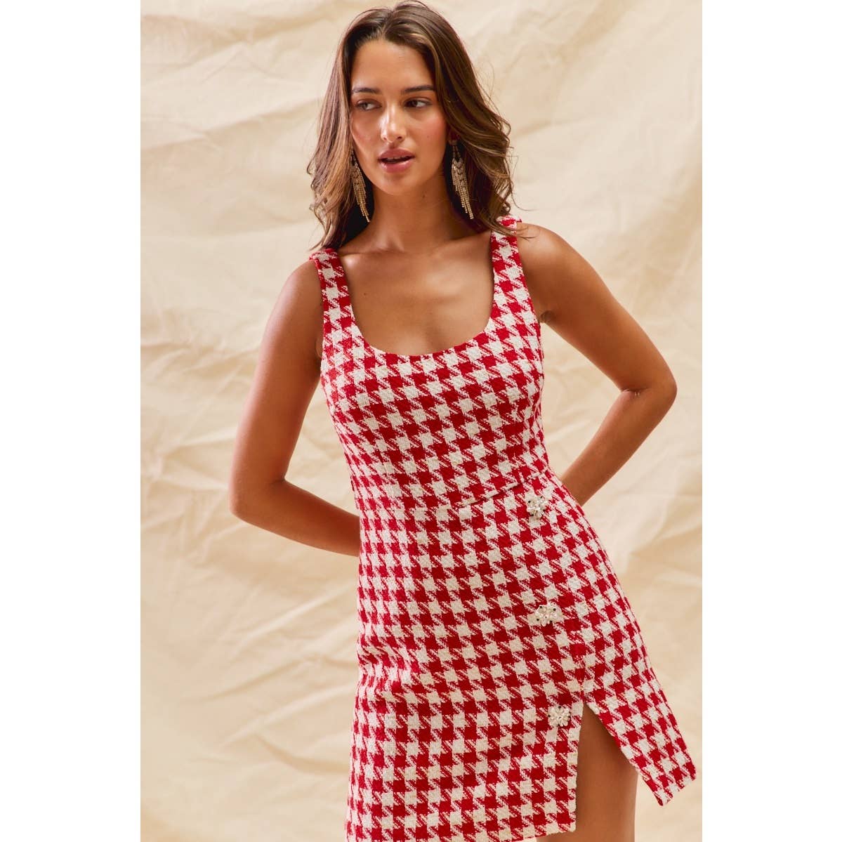 CHRISTMAS TWEED CHECK LUREX HOLIDAY MINI DRESS: RED / M