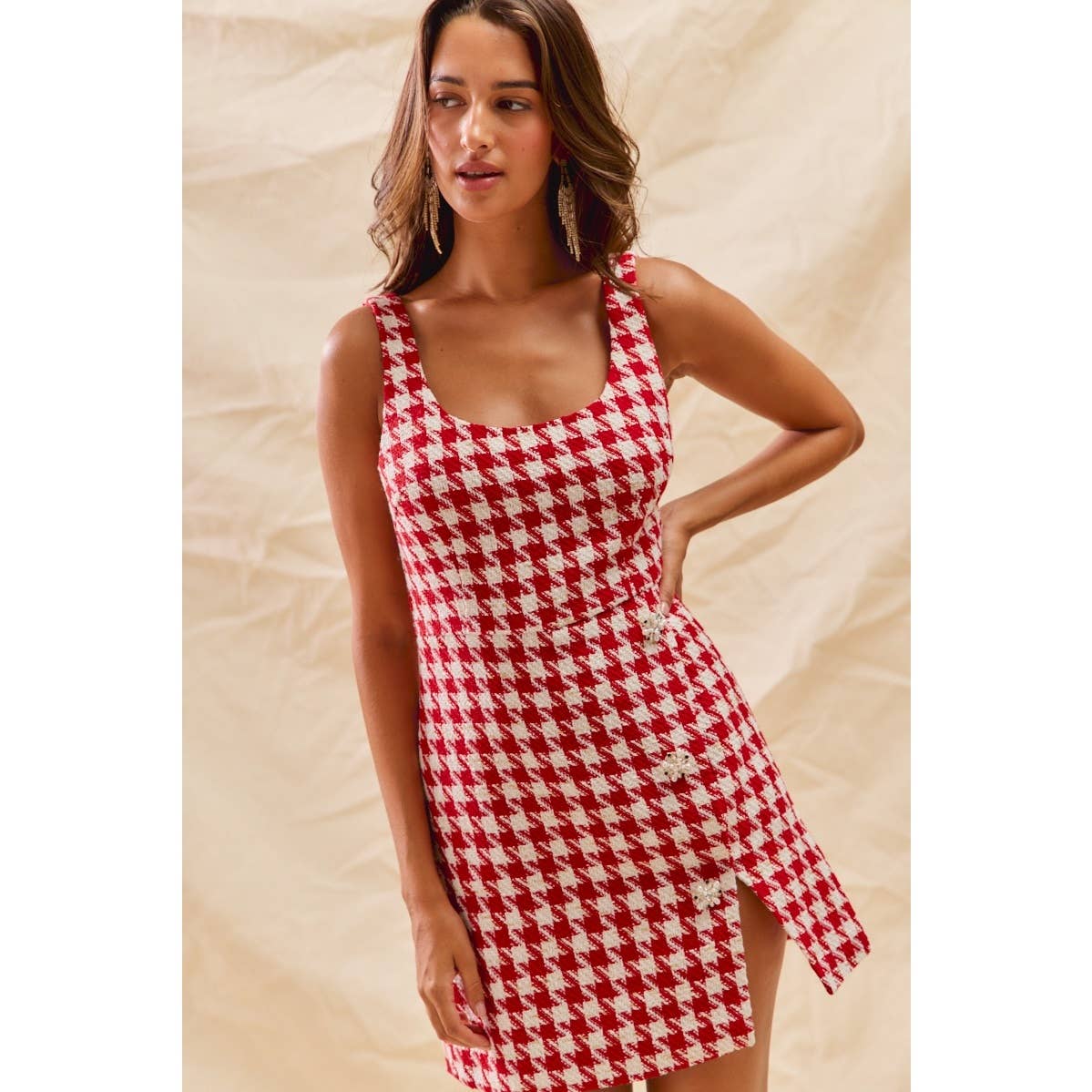 CHRISTMAS TWEED CHECK LUREX HOLIDAY MINI DRESS: RED / M