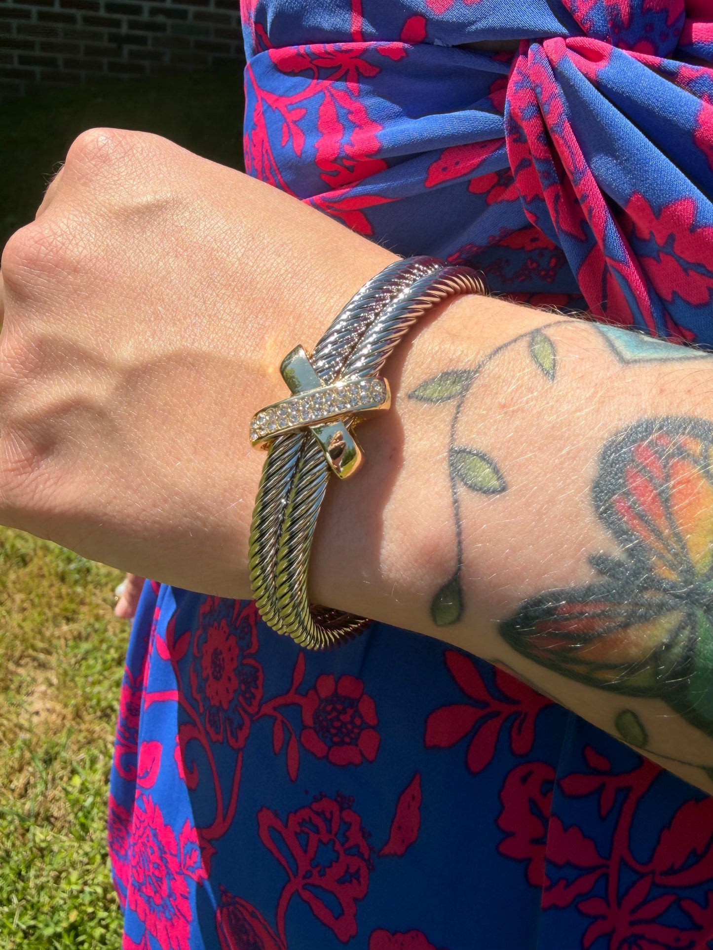 Gold Dipped Layered Two Tone Cz Rope Cuff Bracelet: 2T