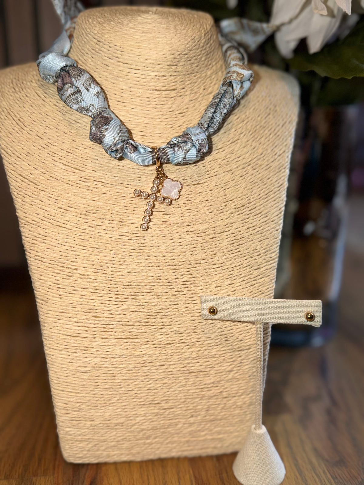 Something Blue Cross Charm Scarf Necklace