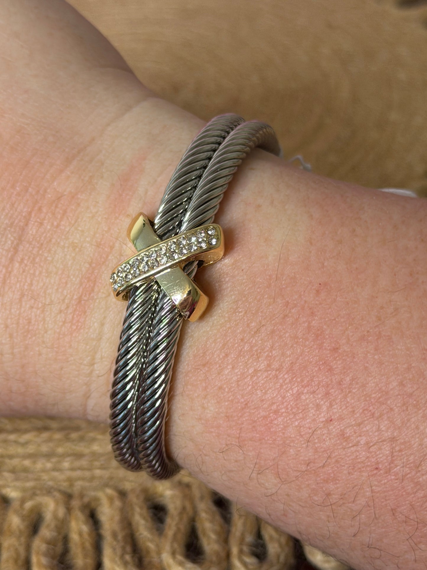 Gold Dipped Layered Two Tone Cz Rope Cuff Bracelet: 2T