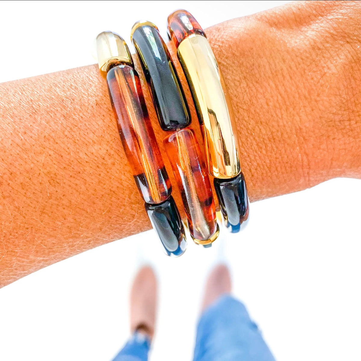 Brown Spotted Acrylic Tube Bamboo Bracelet