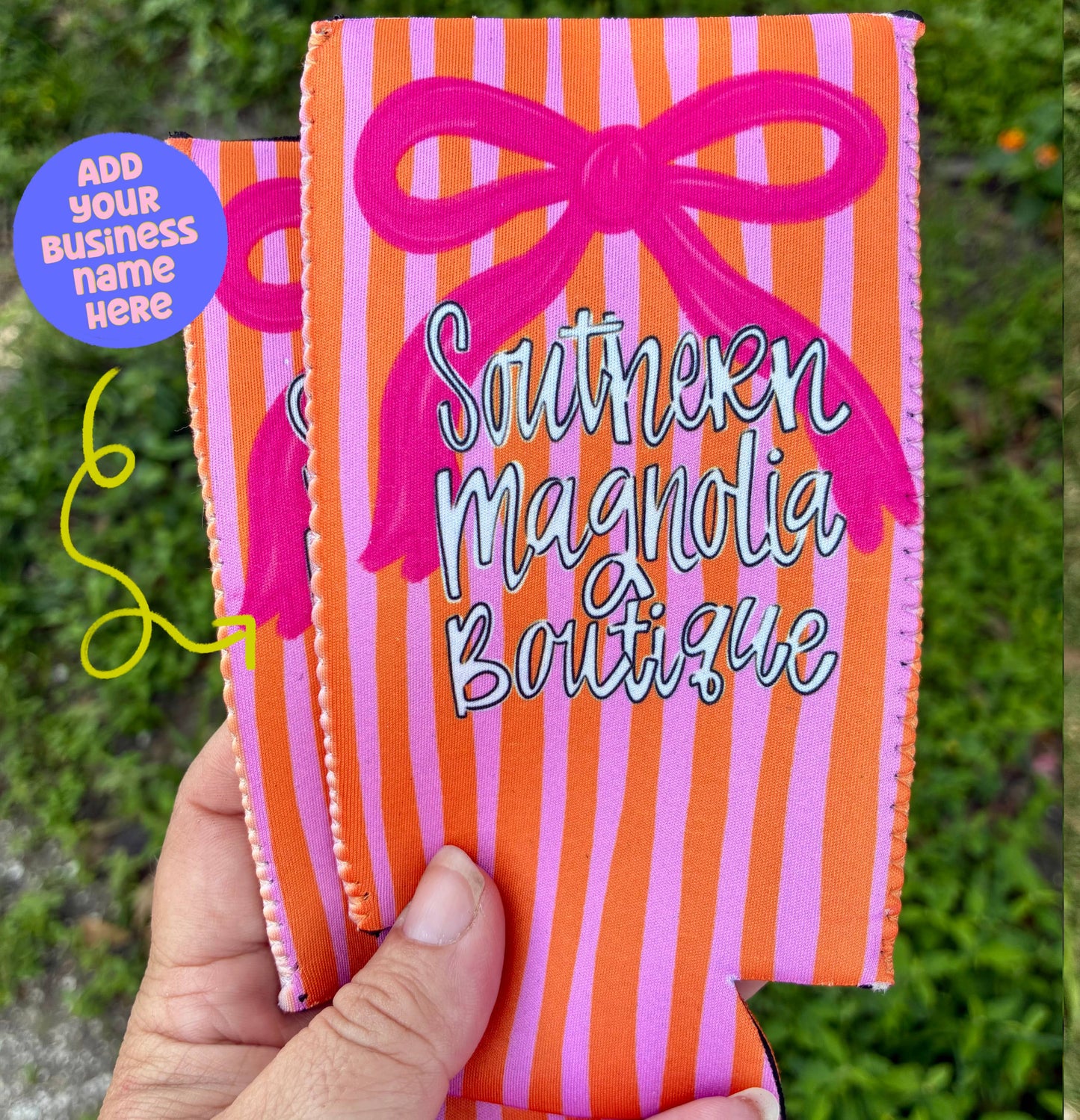 Bow koozies with pink and orange stripes with business name: Regular
