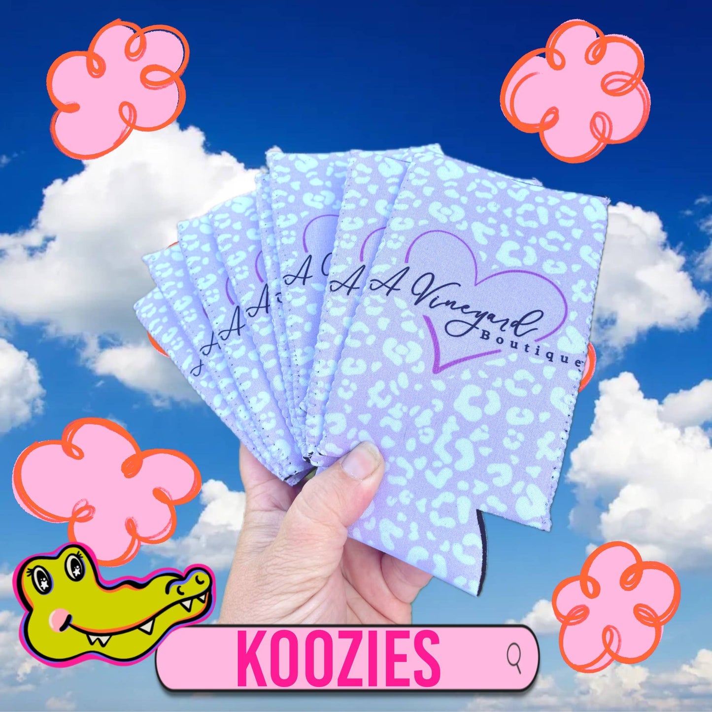 Custom logo koozies in pink and white leopard with logo: Regular