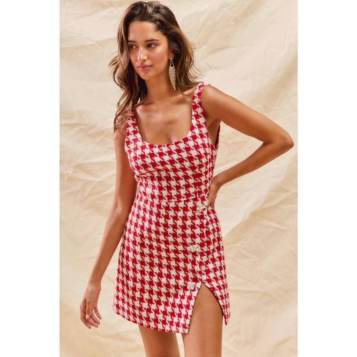 CHRISTMAS TWEED CHECK LUREX HOLIDAY MINI DRESS: RED / M